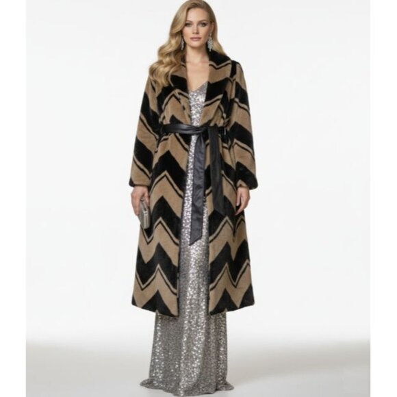 ❤️Banana Republic Faux Fur Coat Women's XS Black Tan Chevron Stripe Long Jacket - Picture 1 of 10